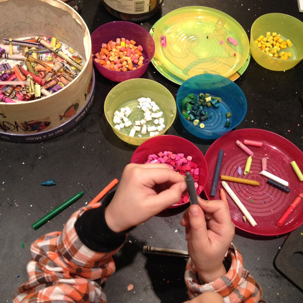 peeling and sorting crayons for valentines day hearts